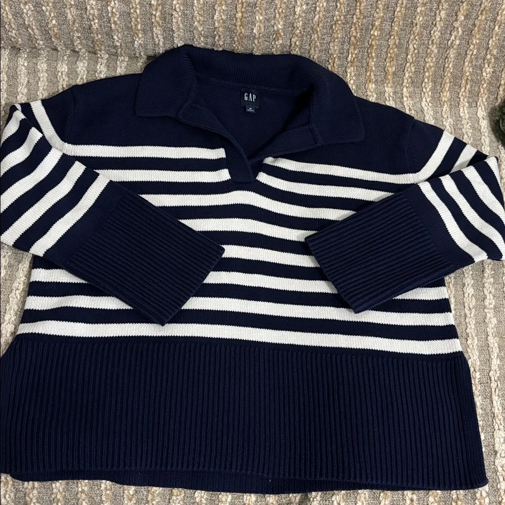 Gap 90’s‎ Women's Navy & Cream Striped Collared Knit Cotton Sweater Size M - Picture 2 of 6